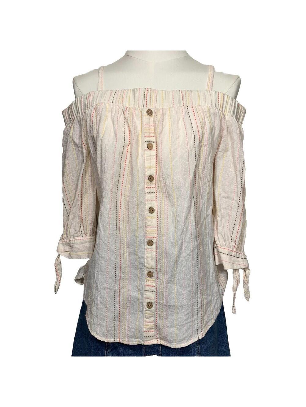 IZ Byer Off The Shoulder Blouse Womens Small Cream Striped Boho Button Front Top